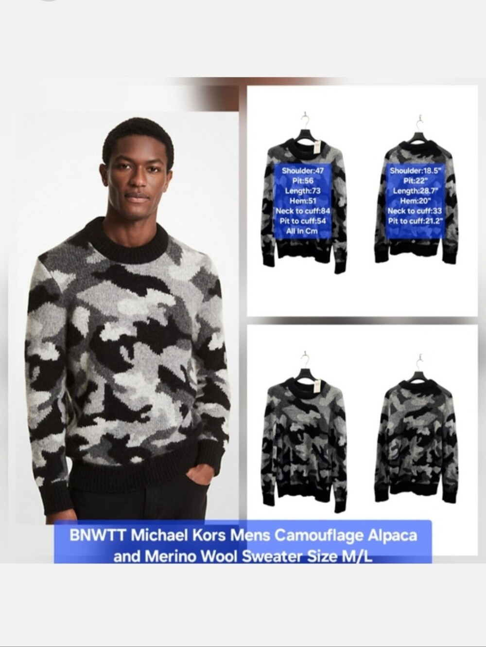 BNWTT Michael Kors Men Alpaca & Wool-Blend Camouflage Sweater Size M/L